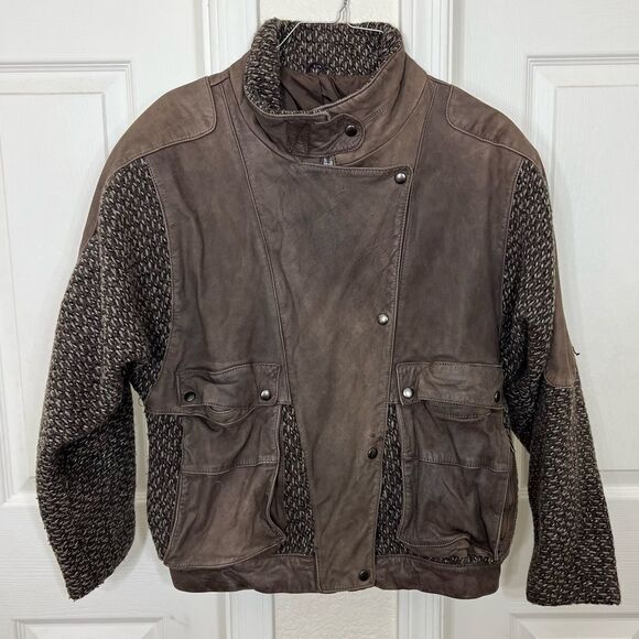 Vintage Laurice 80’s Bomber Jacket Brown Leather Wool Sweater Sleeves Size L - Picture 8 of 15